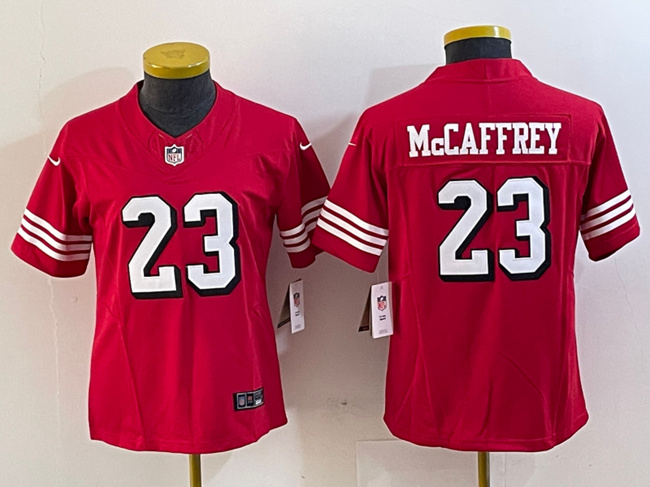 Women's San Francisco 49ers #23 Christian McCaffrey New Red 2023 F.U.S.E. Vapor Untouchable Limited Stitched Jersey(Run Small)